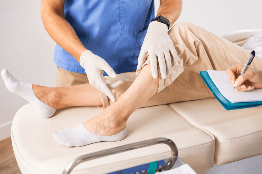 Doctors examine a patient's leg wound.